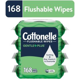 Flushable Wet Wipes with Aloe & Vitamin E, Hypoallergenic, 168 Count (4 Flip-Top Packs)