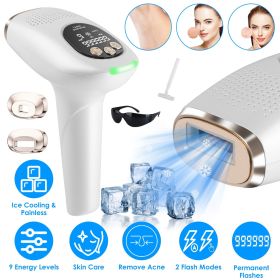 3 In 1 Ice Cooling Laser Hair Removal Painless Permanent At-Home IPL Hair Removal With 999,999 Flashes 9 Energy Levels 2 Modes For Armpits Legs A (Color: White)